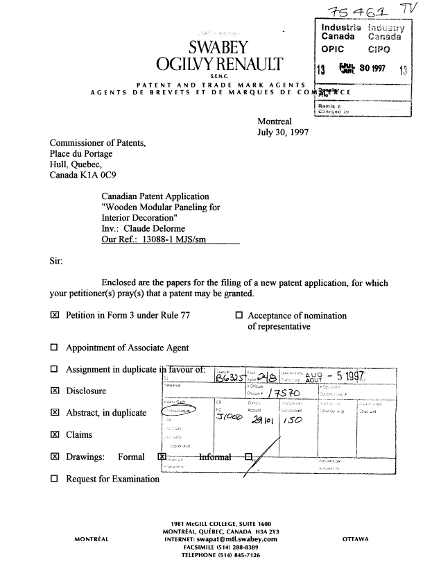 Document de brevet canadien 2211761. Cession 19970730. Image 1 de 3