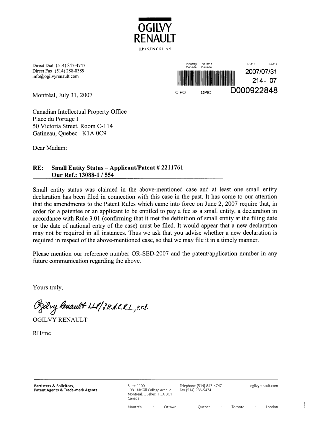 Canadian Patent Document 2211761. Correspondence 20070731. Image 1 of 1