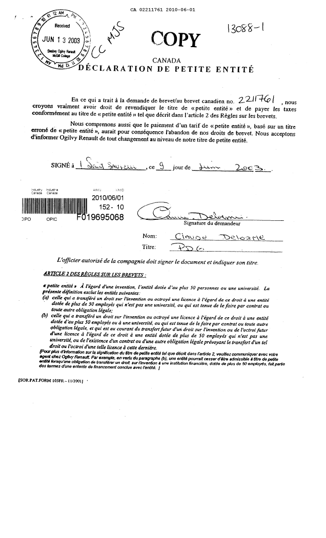 Document de brevet canadien 2211761. Correspondance 20100601. Image 1 de 1