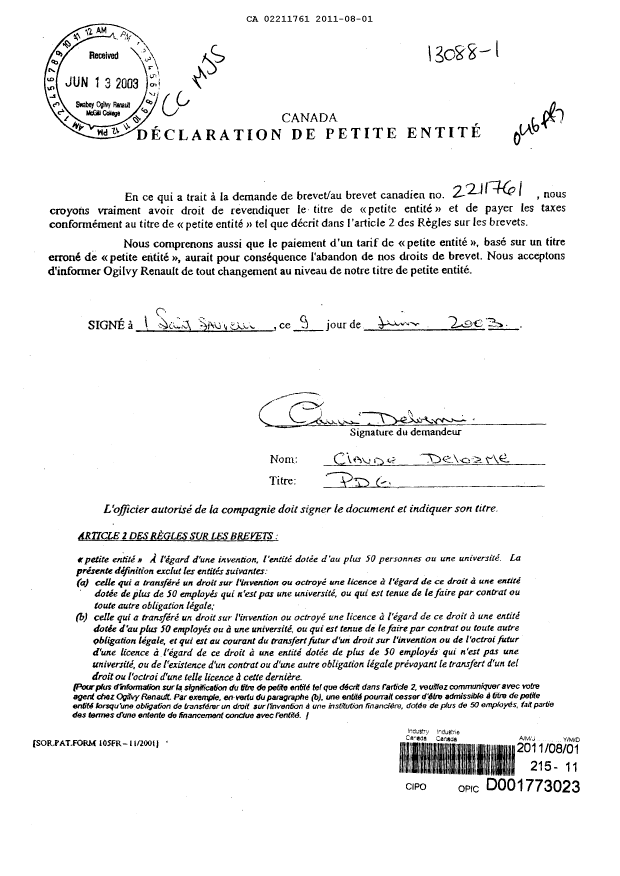 Document de brevet canadien 2211761. Correspondance 20110801. Image 1 de 1