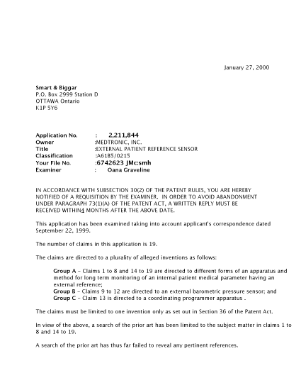 Canadian Patent Document 2211844. Prosecution-Amendment 20000127. Image 1 of 2