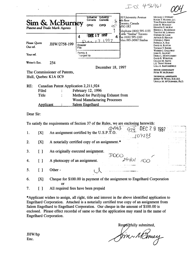Document de brevet canadien 2211924. Cession 19971217. Image 1 de 7