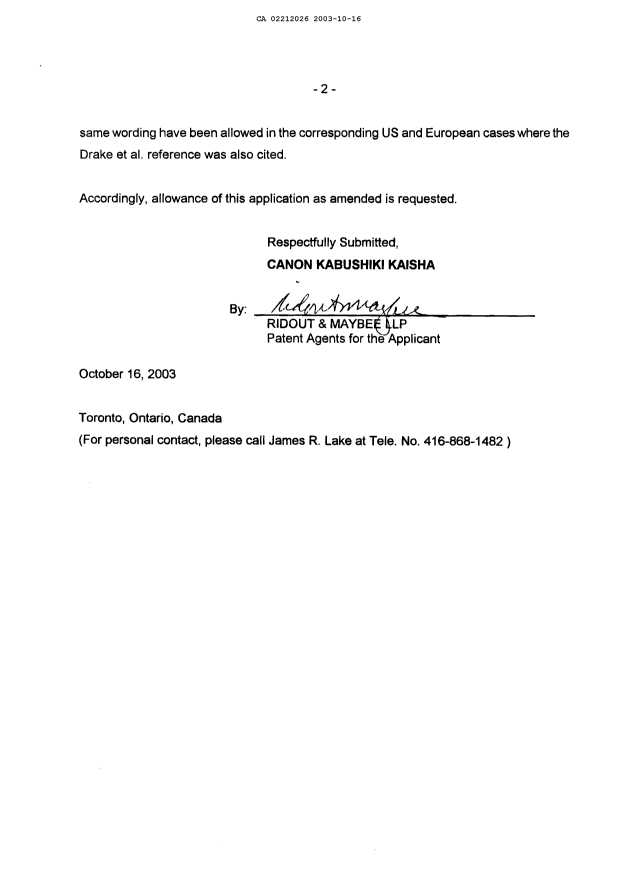 Canadian Patent Document 2212026. Prosecution-Amendment 20031016. Image 2 of 8