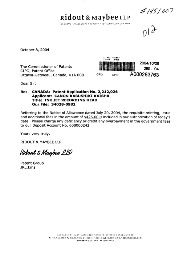 Canadian Patent Document 2212026. Correspondence 20041008. Image 1 of 1
