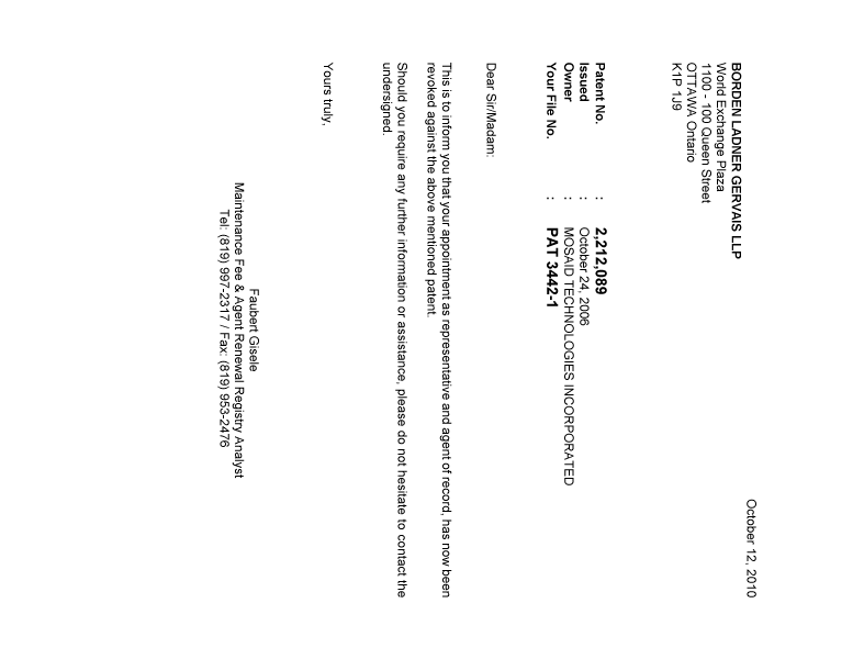 Canadian Patent Document 2212089. Correspondence 20101012. Image 1 of 1