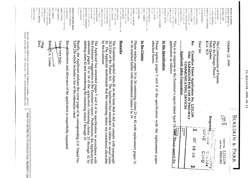 Canadian Patent Document 2212139. Prosecution-Amendment 19991013. Image 1 of 12