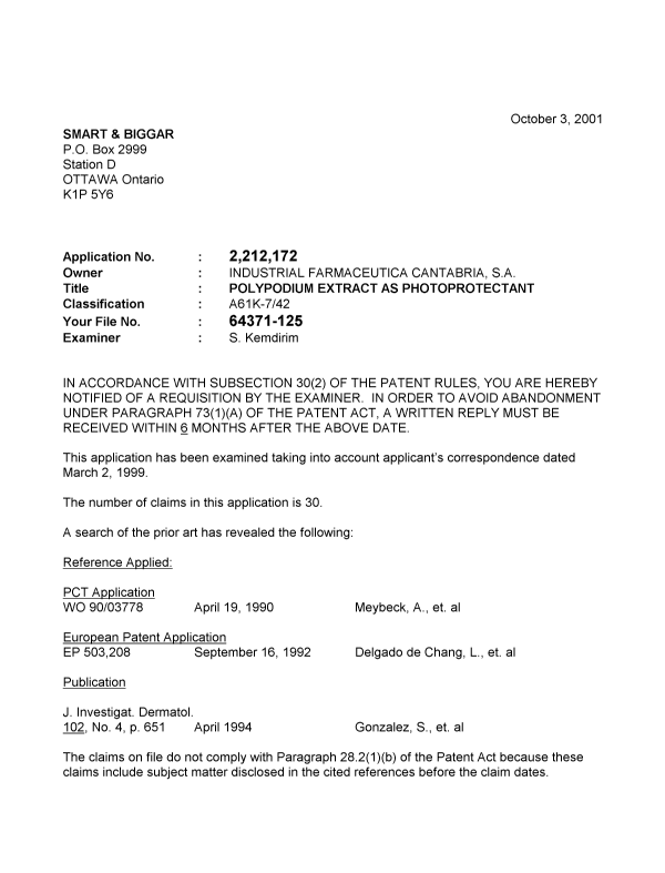 Canadian Patent Document 2212172. Prosecution-Amendment 20011003. Image 1 of 2