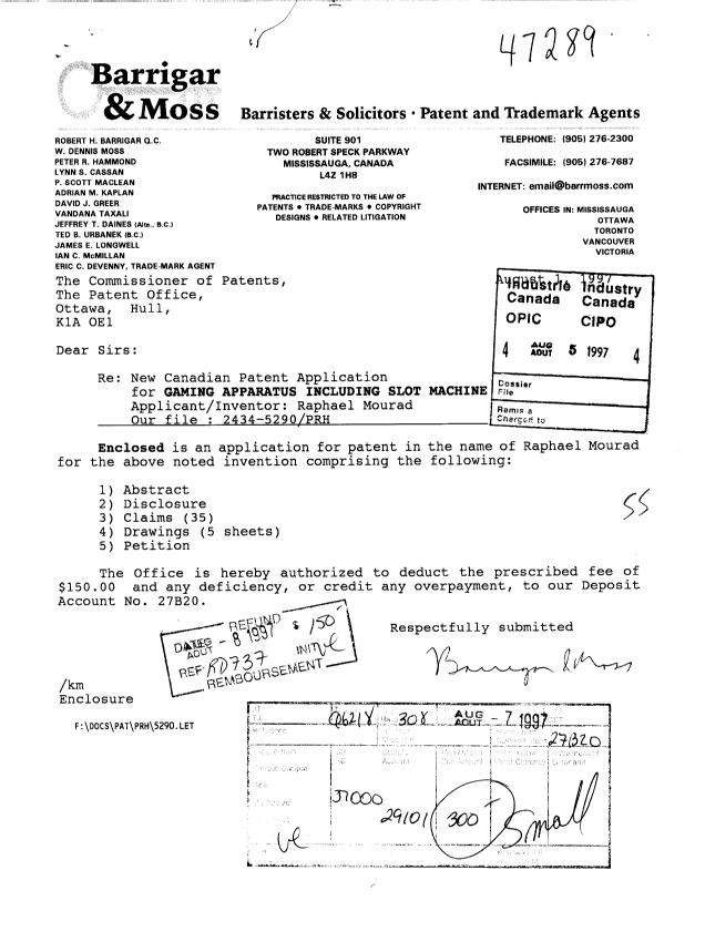 Canadian Patent Document 2212305. Assignment 19970805. Image 1 of 2