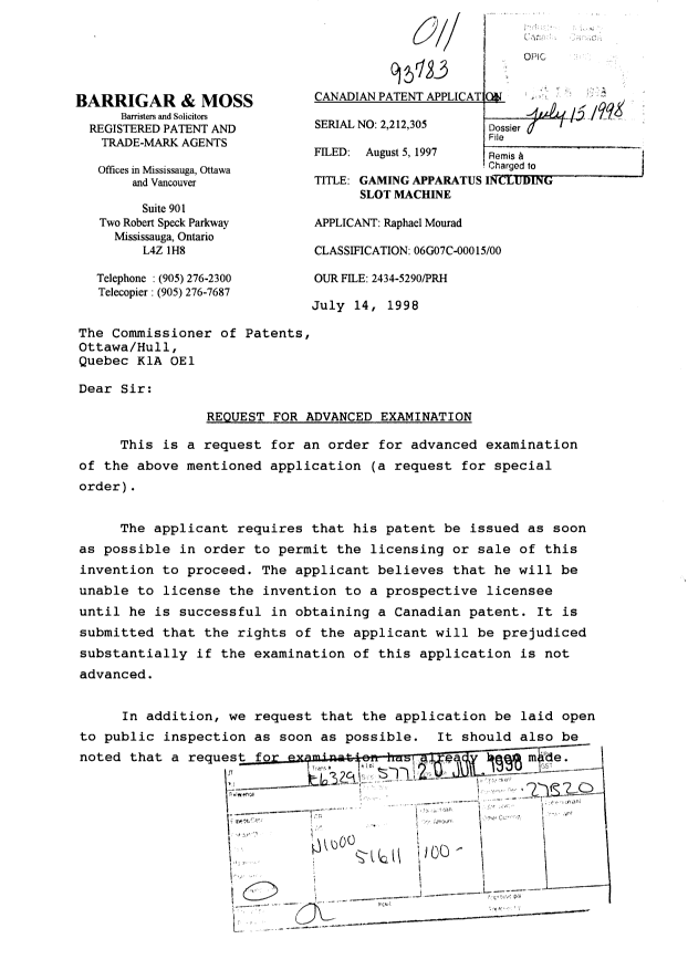 Canadian Patent Document 2212305. Prosecution-Amendment 19980715. Image 1 of 2