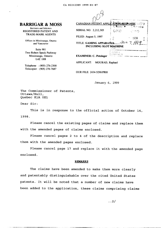 Canadian Patent Document 2212305. Prosecution-Amendment 19990107. Image 1 of 28