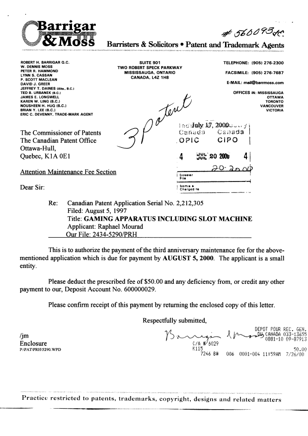 Canadian Patent Document 2212305. Fees 20000720. Image 1 of 1