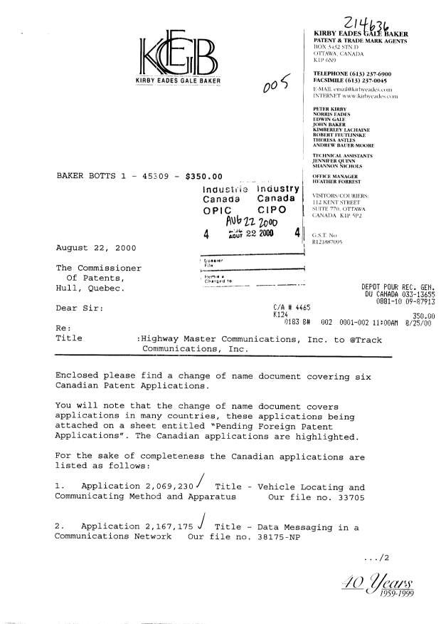 Canadian Patent Document 2212330. Assignment 19991222. Image 1 of 11