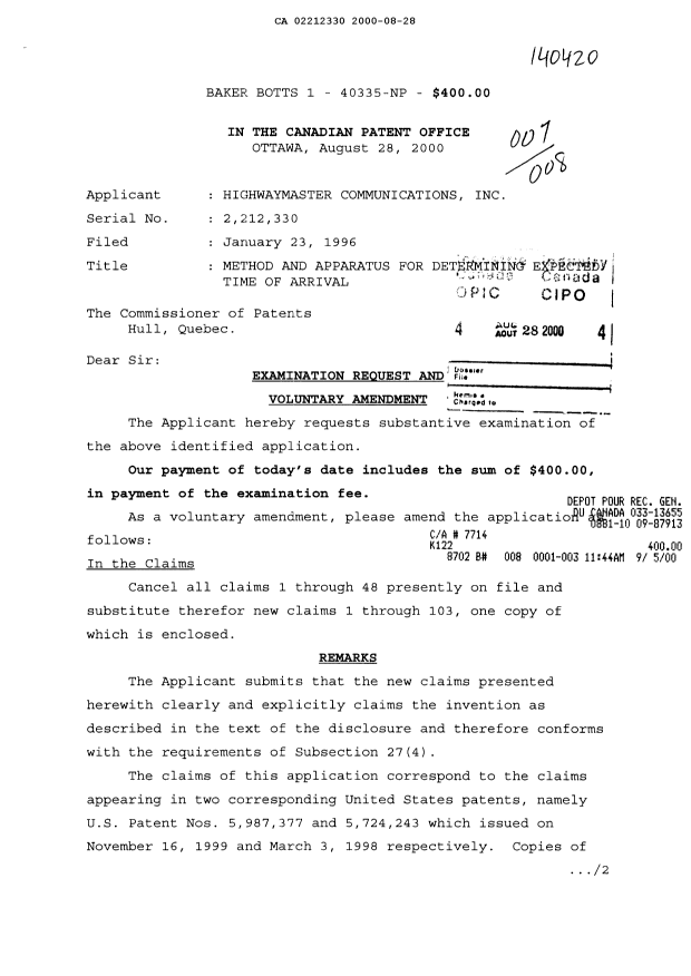 Canadian Patent Document 2212330. Prosecution-Amendment 19991228. Image 1 of 29
