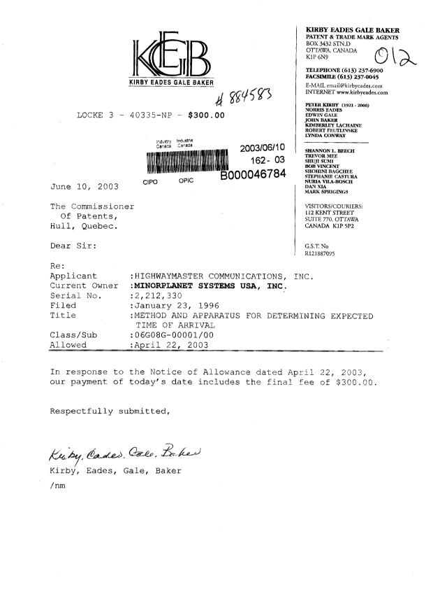 Canadian Patent Document 2212330. Correspondence 20021210. Image 1 of 1