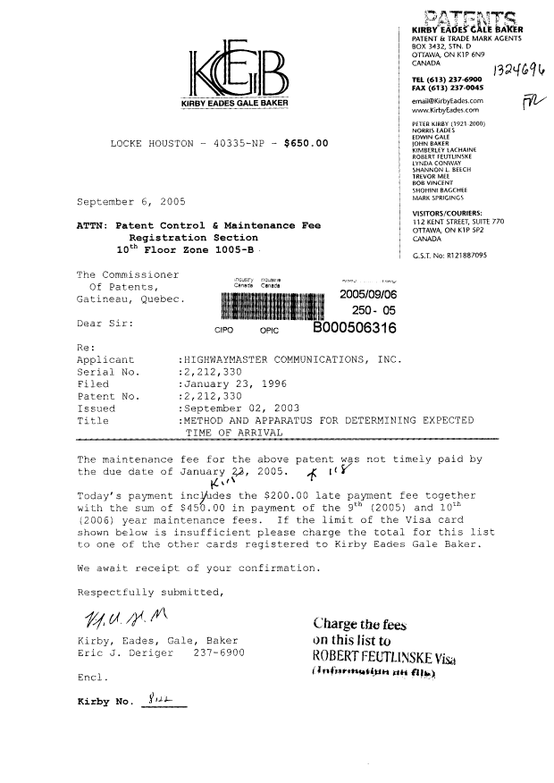 Canadian Patent Document 2212330. Fees 20050906. Image 1 of 1