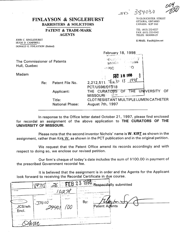 Canadian Patent Document 2212511. Correspondence 19980218. Image 1 of 3