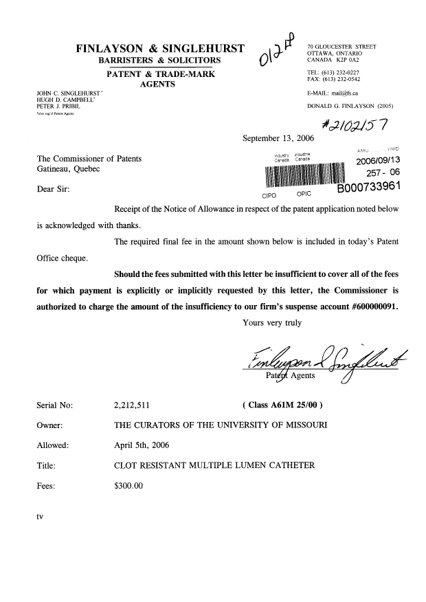 Canadian Patent Document 2212511. Correspondence 20051213. Image 1 of 1