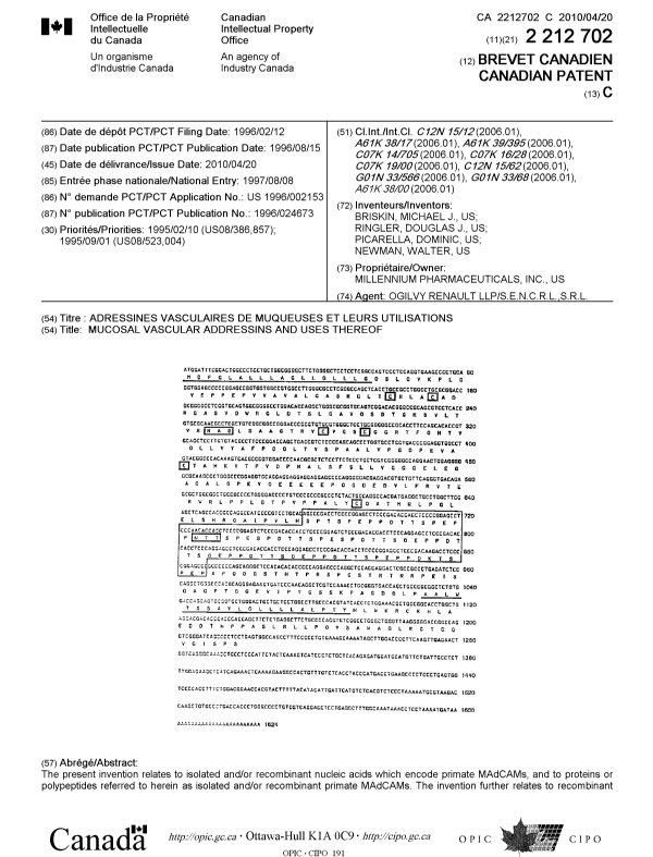 Canadian Patent Document 2212702. Cover Page 20100324. Image 1 of 2