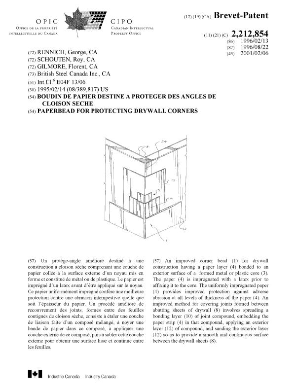 Canadian Patent Document 2212854. Cover Page 20010112. Image 1 of 1