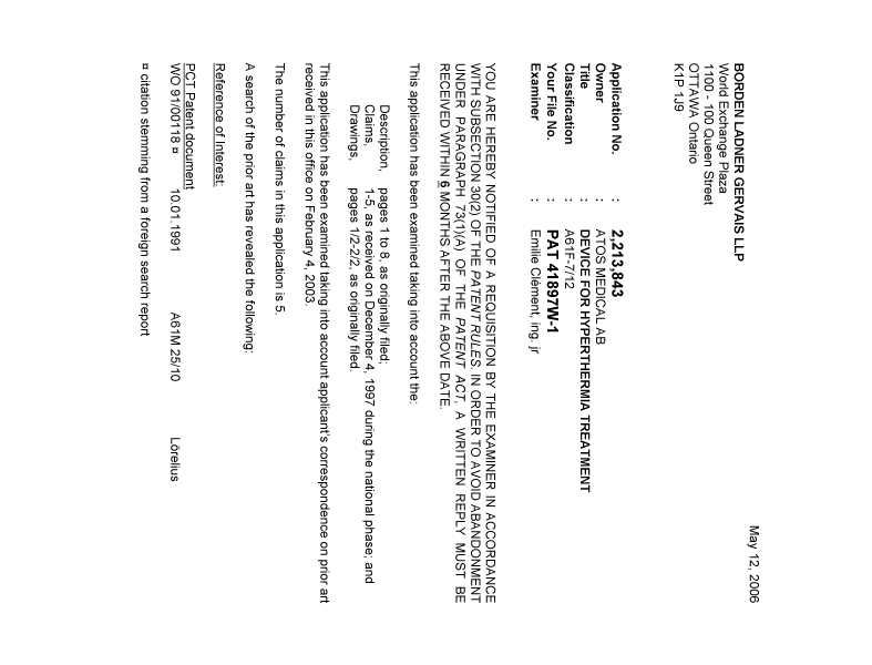 Canadian Patent Document 2213843. Prosecution-Amendment 20060512. Image 1 of 2