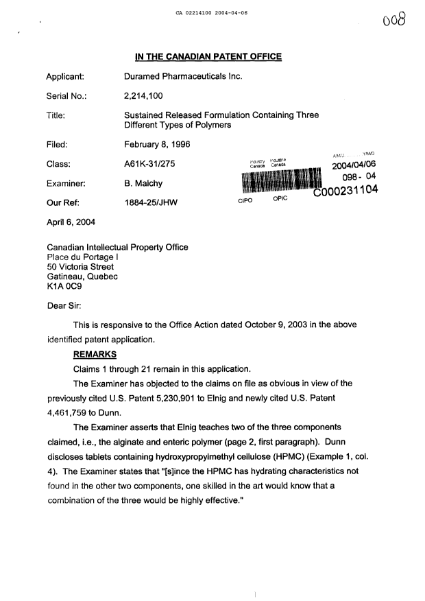 Canadian Patent Document 2214100. Prosecution-Amendment 20040406. Image 1 of 4