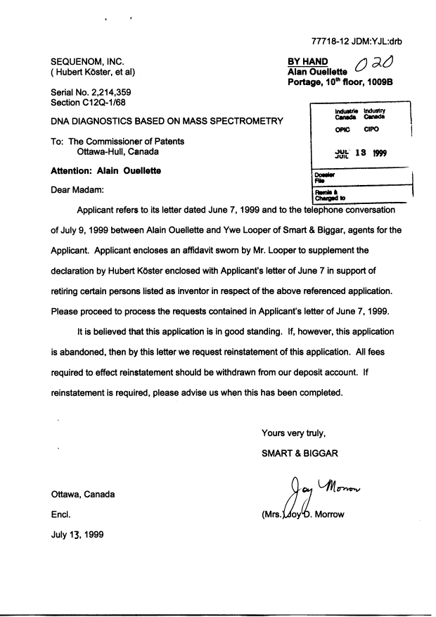 Document de brevet canadien 2214359. Correspondance 19990713. Image 1 de 5