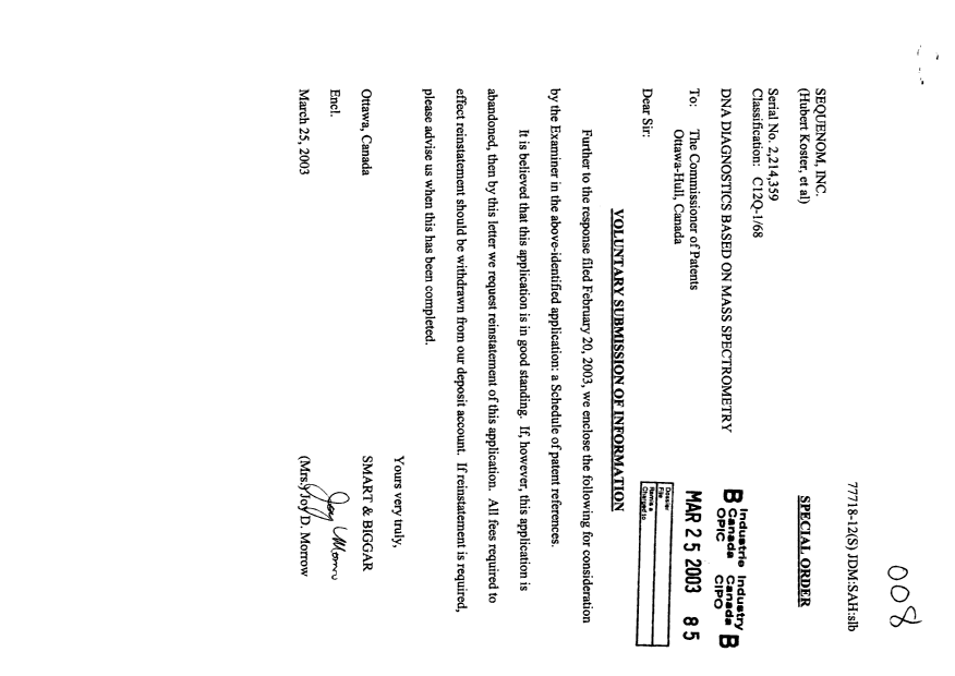 Canadian Patent Document 2214359. Prosecution-Amendment 20030325. Image 1 of 2