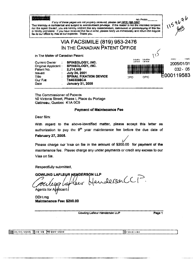 Document de brevet canadien 2214509. Taxes 20050131. Image 1 de 1