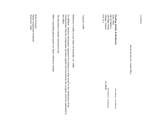 Canadian Patent Document 2214838. Correspondence 19990109. Image 1 of 1