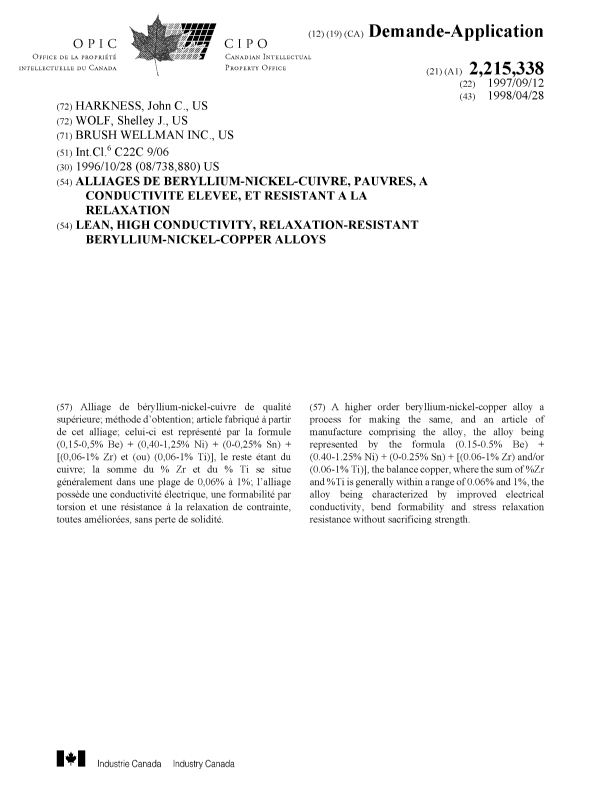 Document de brevet canadien 2215338. Page couverture 19980511. Image 1 de 1