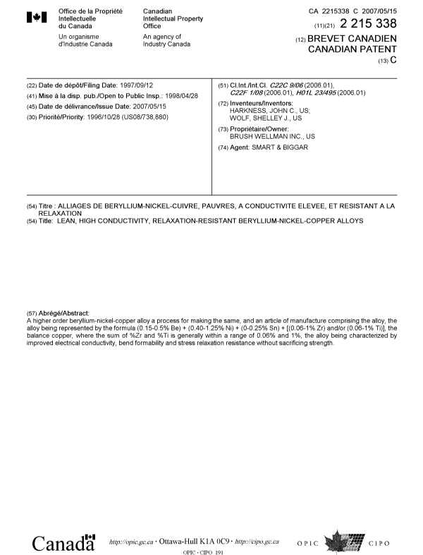 Document de brevet canadien 2215338. Page couverture 20070425. Image 1 de 1