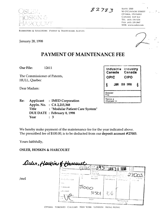 Canadian Patent Document 2215368. Fees 19980128. Image 1 of 1