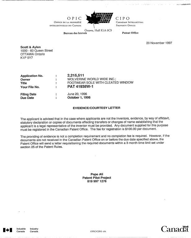 Document de brevet canadien 2215511. Correspondance 19971120. Image 1 de 1