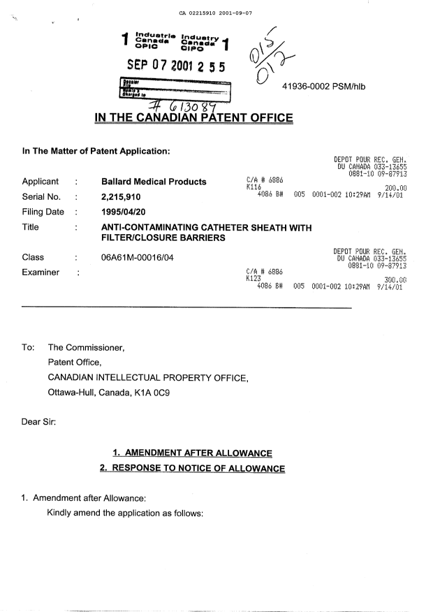 Canadian Patent Document 2215910. Prosecution-Amendment 20001207. Image 1 of 6