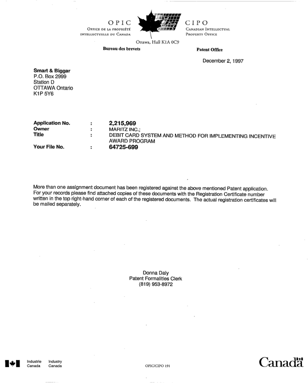 Canadian Patent Document 2215969. Correspondence 19971127. Image 1 of 1