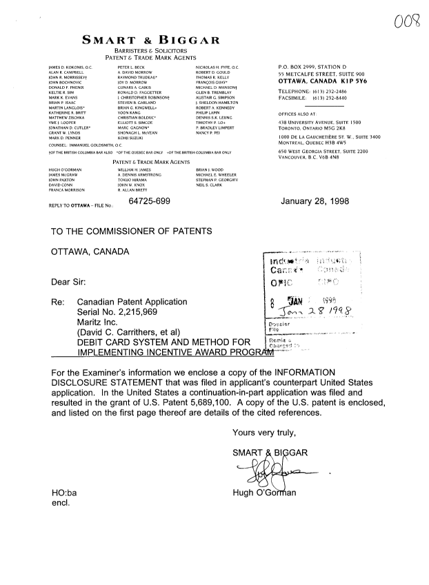 Canadian Patent Document 2215969. Prosecution-Amendment 19980128. Image 1 of 5