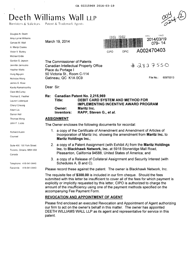 Canadian Patent Document 2215969. Correspondence 20140319. Image 1 of 3
