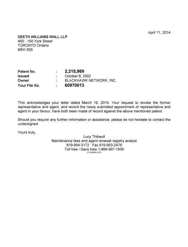 Canadian Patent Document 2215969. Correspondence 20140411. Image 1 of 1