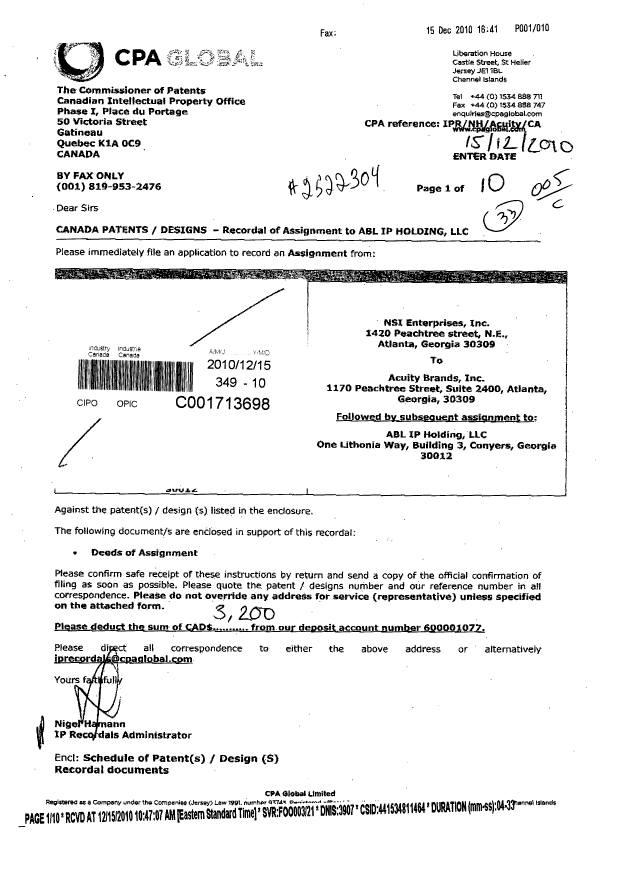 Document de brevet canadien 2216025. Cession 20101215. Image 1 de 10