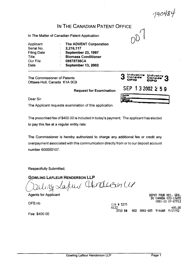 Document de brevet canadien 2216117. Poursuite-Amendment 20020913. Image 1 de 1