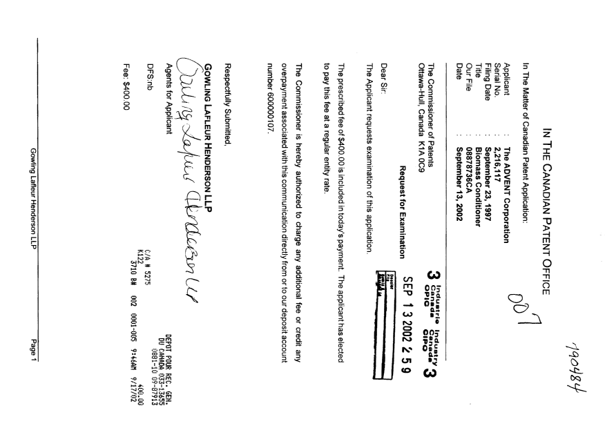 Canadian Patent Document 2216117. Prosecution-Amendment 20020913. Image 1 of 1
