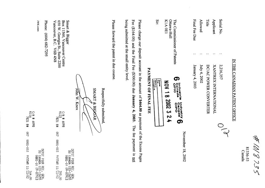 Canadian Patent Document 2216357. Correspondence 20021118. Image 1 of 1