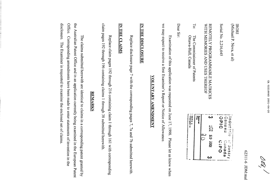 Canadian Patent Document 2216645. Prosecution-Amendment 20010420. Image 1 of 10
