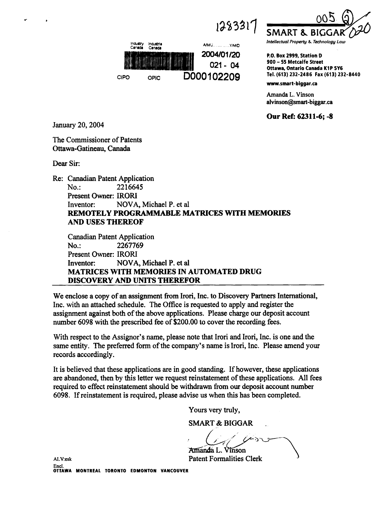 Document de brevet canadien 2216645. Cession 20040120. Image 1 de 11