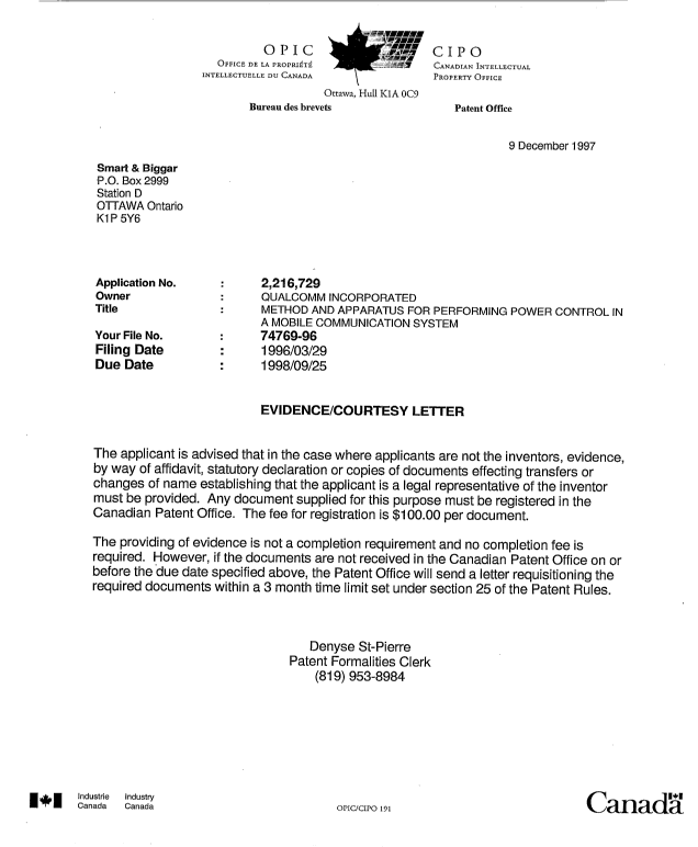 Canadian Patent Document 2216729. Correspondence 19971209. Image 1 of 1