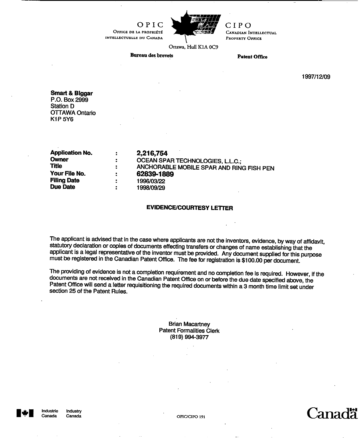 Canadian Patent Document 2216754. Correspondence 19971209. Image 1 of 1
