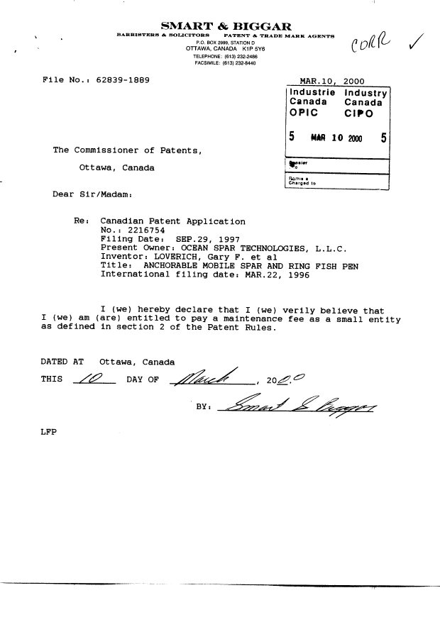 Document de brevet canadien 2216754. Correspondance 20000310. Image 1 de 1