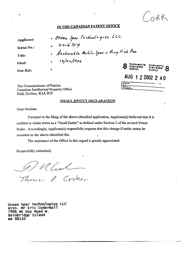 Canadian Patent Document 2216754. Correspondence 20020812. Image 1 of 2