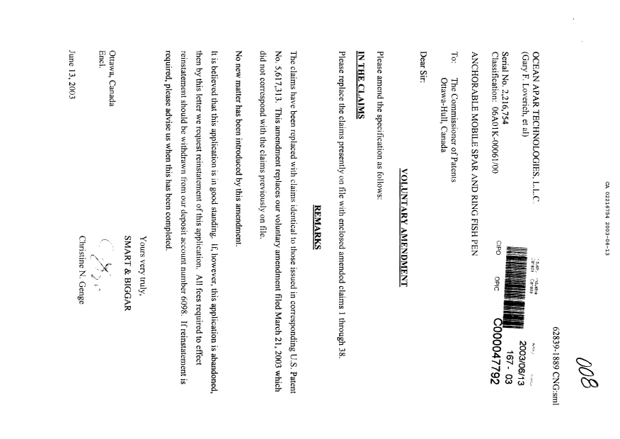 Canadian Patent Document 2216754. Prosecution-Amendment 20030613. Image 1 of 9