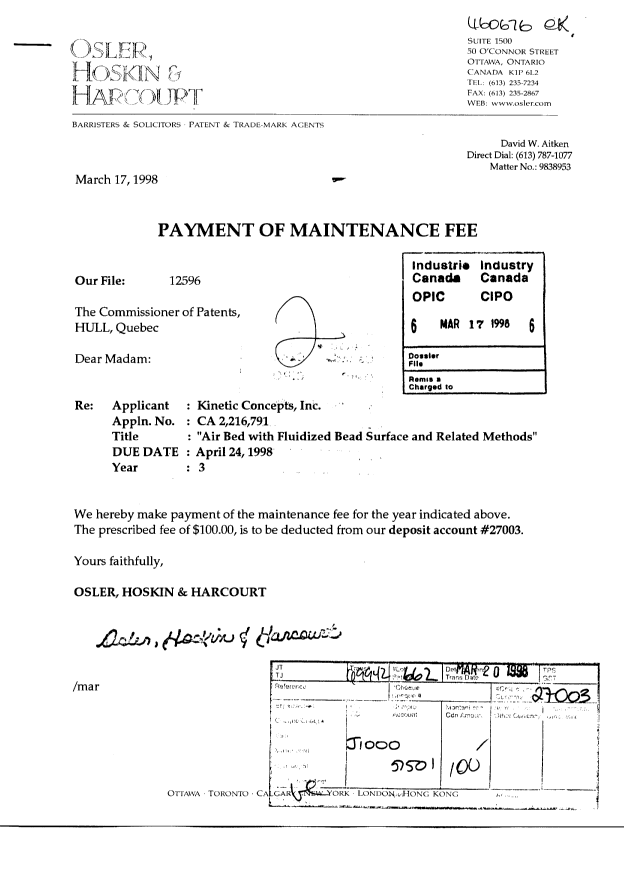 Canadian Patent Document 2216791. Fees 19971217. Image 1 of 1